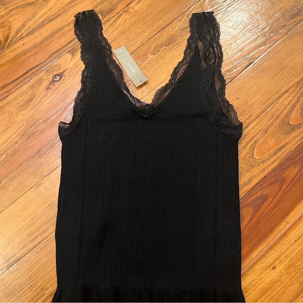 JCrew Lace-Trim Ribbed Y2K Tank Top Bottom Ruffles Black‎ Classic size M - Picture 10 of 16